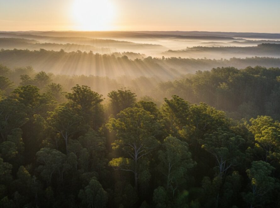 Toolangi Victoria drone photography breathtaking forest views showing a majestic, cinematic aerial shot of towering mountain ash trees piercing through a golden mist at sunrise, highlighting the lush green canopy and dramatic landscape of Toolangi State Forest.