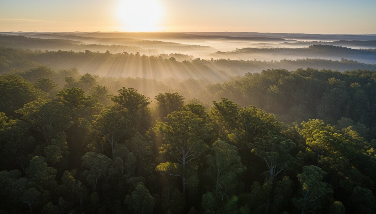 Toolangi Victoria drone photography breathtaking forest views showing a majestic, cinematic aerial shot of towering mountain ash trees piercing through a golden mist at sunrise, highlighting the lush green canopy and dramatic landscape of Toolangi State Forest.