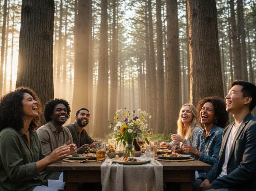 An epic moment of a group celebrating a special occasion amidst the towering Mountain Ash trees of Toolangi, captured with dynamic light, illustrating Toolangi Victoria forest event editorial photography.