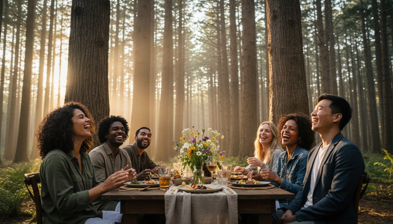 An epic moment of a group celebrating a special occasion amidst the towering Mountain Ash trees of Toolangi, captured with dynamic light, illustrating Toolangi Victoria forest event editorial photography.