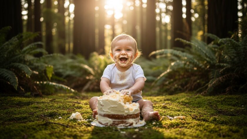 An adorable one-year-old child covered in cake, laughing joyfully amidst the stunning natural backdrop of Toolangi, Victoria, during a unique outdoor cake smash photography session, capturing an epic, memorable moment.
