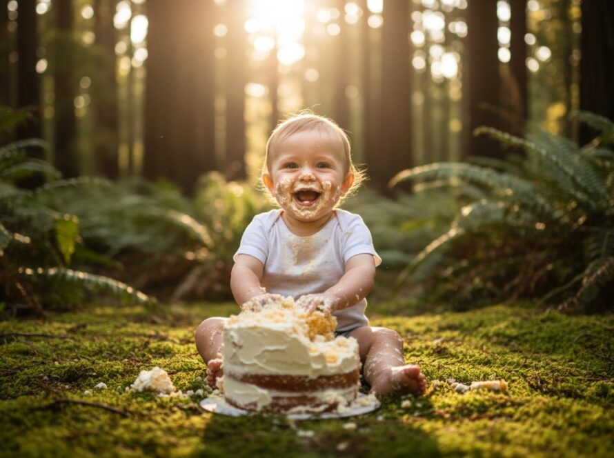 An adorable one-year-old child covered in cake, laughing joyfully amidst the stunning natural backdrop of Toolangi, Victoria, during a unique outdoor cake smash photography session, capturing an epic, memorable moment.