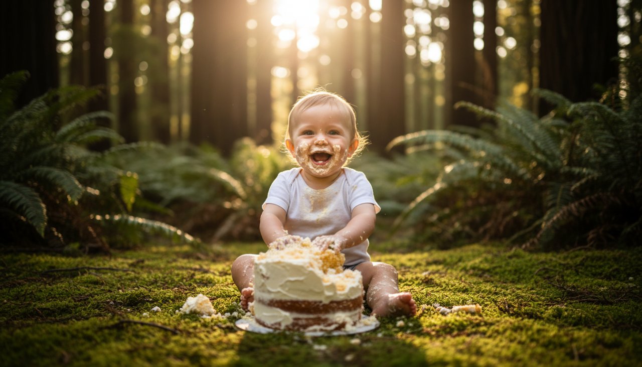 An adorable one-year-old child covered in cake, laughing joyfully amidst the stunning natural backdrop of Toolangi, Victoria, during a unique outdoor cake smash photography session, capturing an epic, memorable moment.