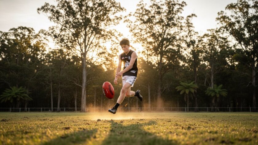 An epic moment in Toolangi youth sports photography action moments, showing a young Australian rules football player in mid-air, powerfully kicking the ball against a backdrop of Toolangi's lush forest, golden hour lighting, intense focus.