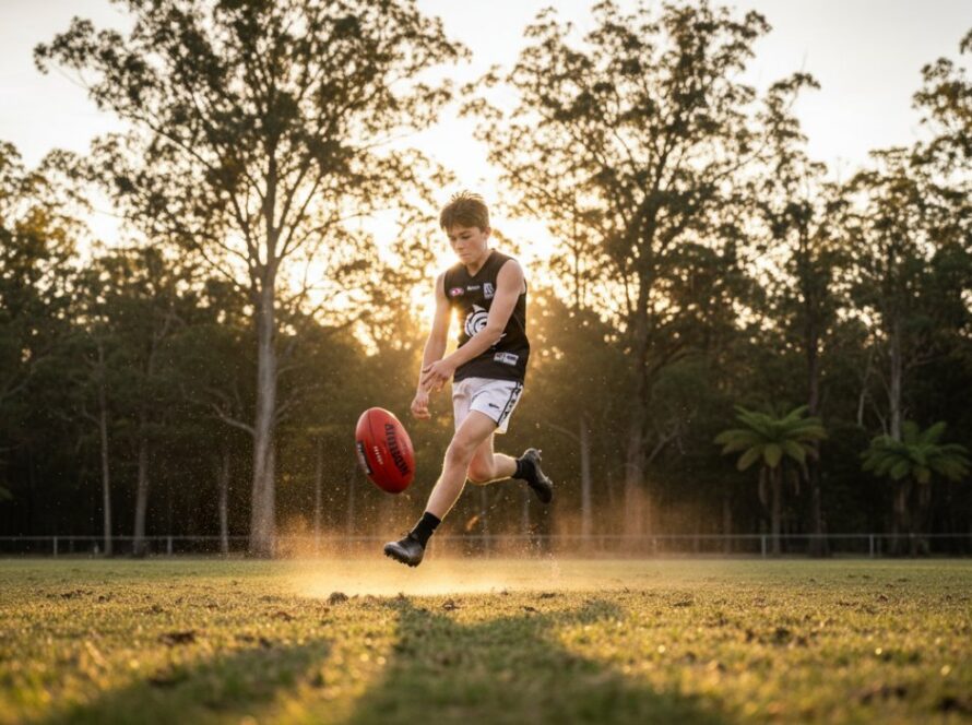 An epic moment in Toolangi youth sports photography action moments, showing a young Australian rules football player in mid-air, powerfully kicking the ball against a backdrop of Toolangi's lush forest, golden hour lighting, intense focus.