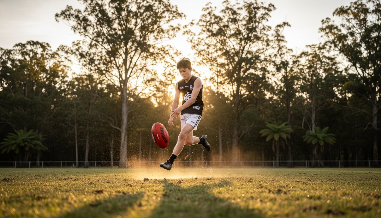 An epic moment in Toolangi youth sports photography action moments, showing a young Australian rules football player in mid-air, powerfully kicking the ball against a backdrop of Toolangi's lush forest, golden hour lighting, intense focus.
