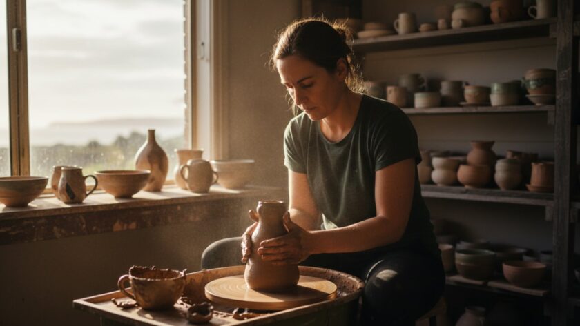 A vibrant and authentic moment captured for Tootgarook Branding Photography for Small Businesses, showing a local artisan crafting handmade soaps with a sun-drenched coastal backdrop, reflecting professionalism and passion in an epic, cinematic style.