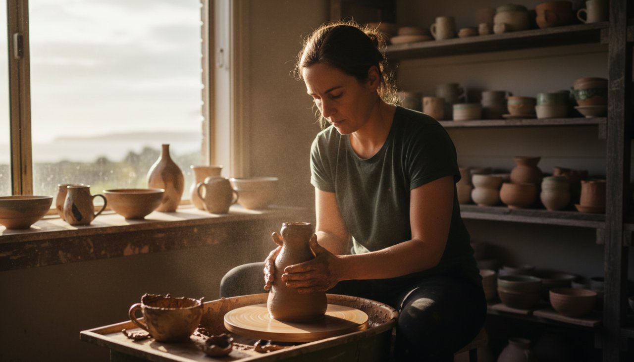 A vibrant and authentic moment captured for Tootgarook Branding Photography for Small Businesses, showing a local artisan crafting handmade soaps with a sun-drenched coastal backdrop, reflecting professionalism and passion in an epic, cinematic style.