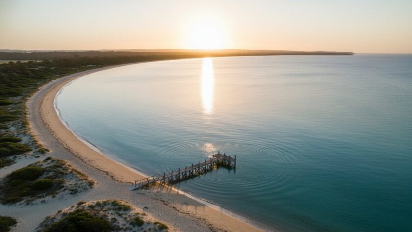 An epic drone shot capturing Tootgarook coastal drone photography for spectacular Mornington Peninsula views at sunrise, with golden light illuminating the rugged coastline, pristine waters, and a lone paddleboarder, highlighting the serene beauty of Victoria's coastline.