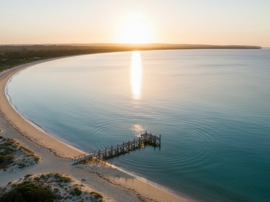 An epic drone shot capturing Tootgarook coastal drone photography for spectacular Mornington Peninsula views at sunrise, with golden light illuminating the rugged coastline, pristine waters, and a lone paddleboarder, highlighting the serene beauty of Victoria's coastline.