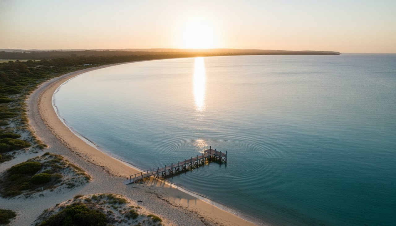 An epic drone shot capturing Tootgarook coastal drone photography for spectacular Mornington Peninsula views at sunrise, with golden light illuminating the rugged coastline, pristine waters, and a lone paddleboarder, highlighting the serene beauty of Victoria's coastline.