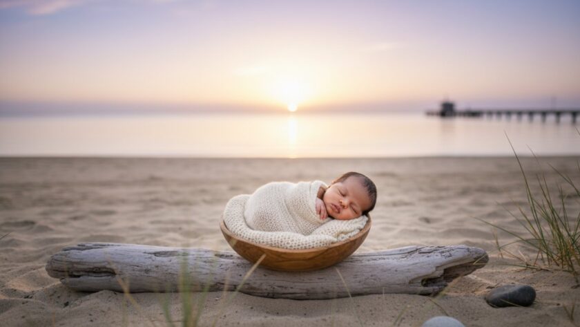 An epic, soft-focus portrait capturing a sleeping newborn baby nestled safely in a woven basket on a weathered wooden deck overlooking the serene Tootgarook coastline at sunrise, symbolising Tootgarook coastal newborn photography cherished memories.