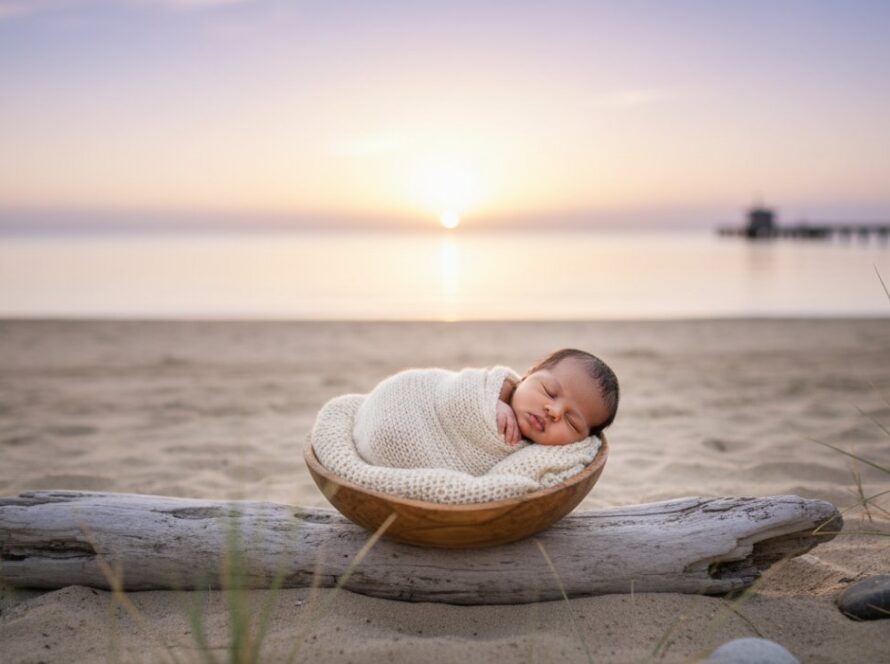An epic, soft-focus portrait capturing a sleeping newborn baby nestled safely in a woven basket on a weathered wooden deck overlooking the serene Tootgarook coastline at sunrise, symbolising Tootgarook coastal newborn photography cherished memories.