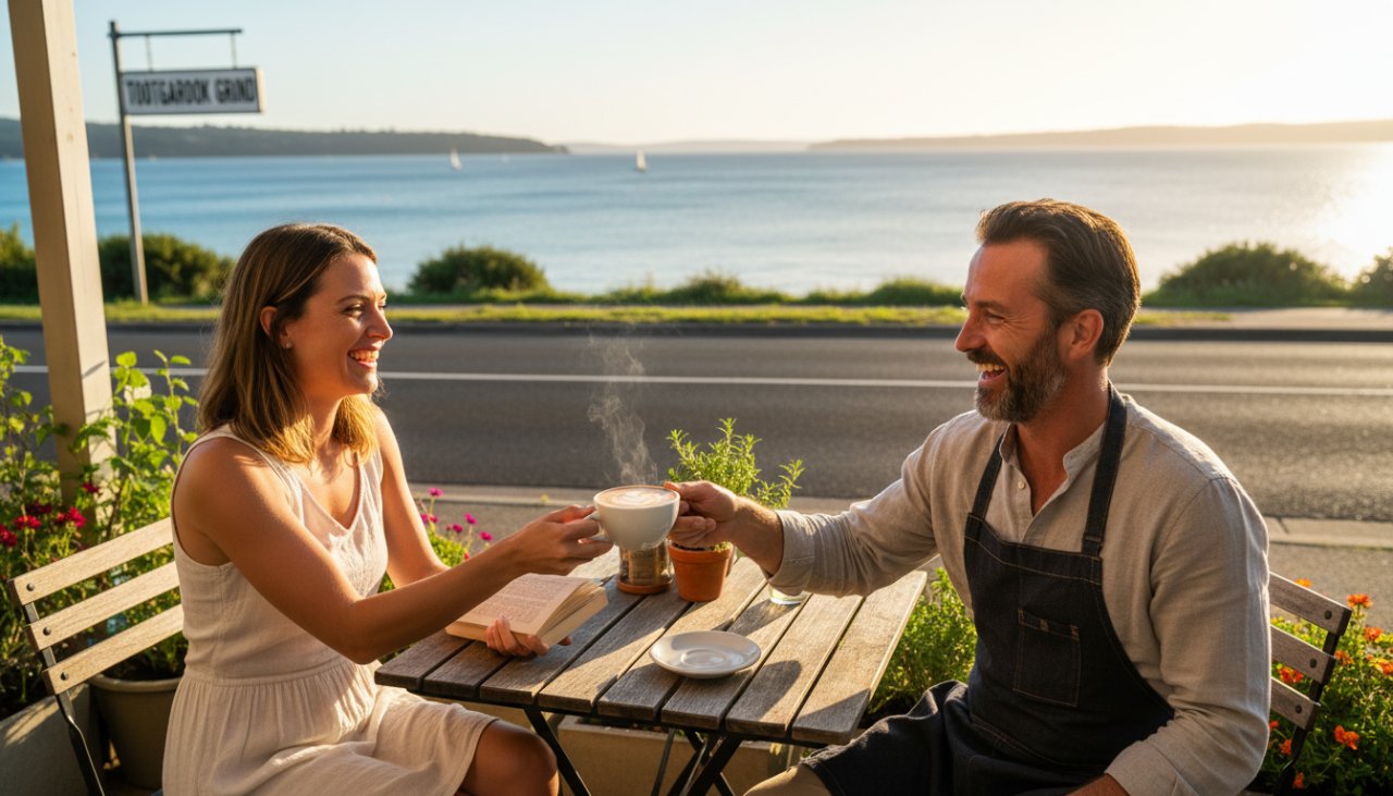 An inspiring wide shot of a local artisan showcasing handcrafted goods against the vibrant, sunlit backdrop of Tootgarook foreshore, capturing an epic moment of connection and quality for Tootgarook commercial photography for coastal businesses.