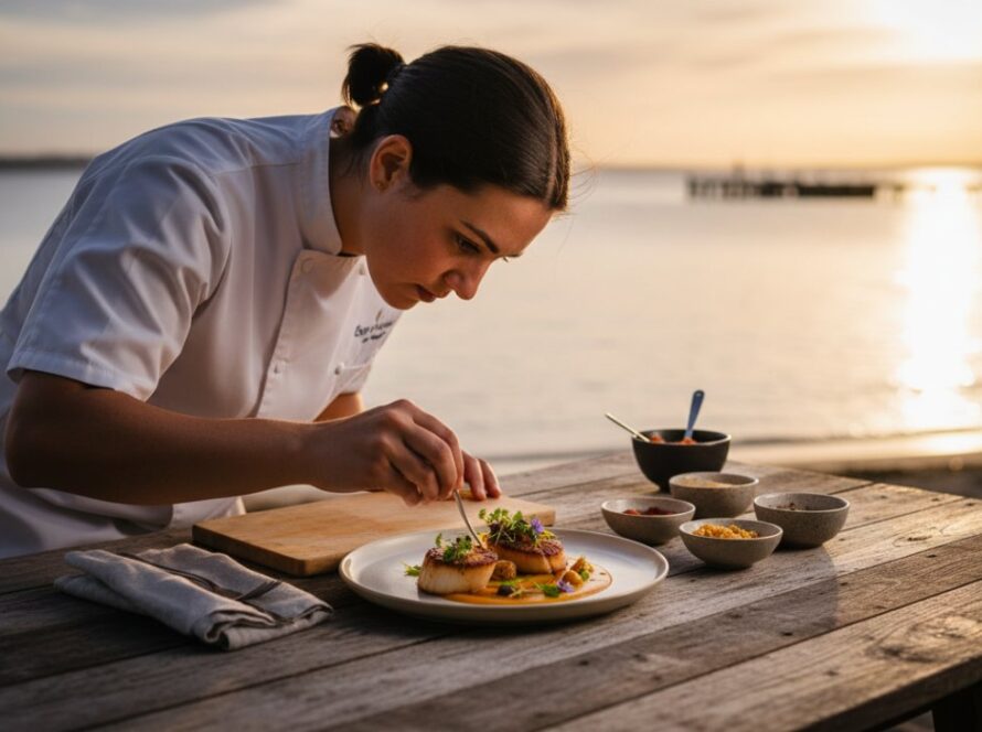 A dynamic shot featuring a local artist creating a large-scale sand sculpture on the serene Tootgarook foreshore at dawn, embodying Tootgarook editorial photography capturing authentic coastal narratives, with the golden hour light illuminating the intricate details and the artist's focused expression.