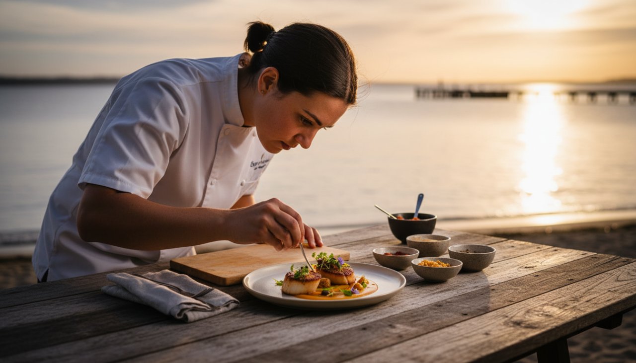 A dynamic shot featuring a local artist creating a large-scale sand sculpture on the serene Tootgarook foreshore at dawn, embodying Tootgarook editorial photography capturing authentic coastal narratives, with the golden hour light illuminating the intricate details and the artist's focused expression.