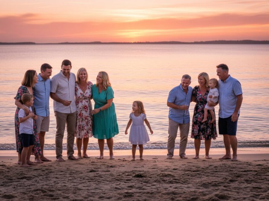 An epic moment captured in Tootgarook event photography candid beach moments, featuring guests laughing joyfully on the sandy shore at sunset, with the calm bay and a vibrant sky in the background.