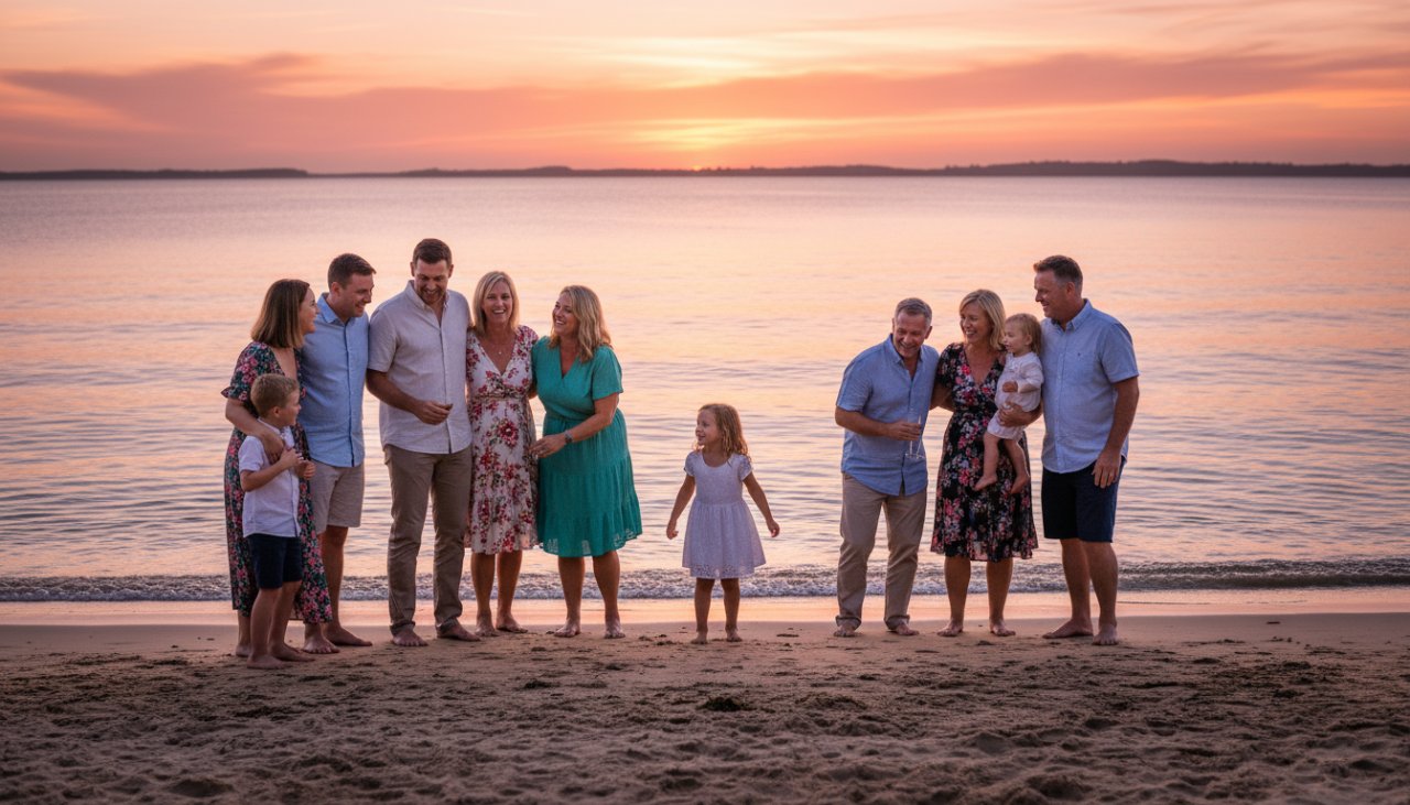 An epic moment captured in Tootgarook event photography candid beach moments, featuring guests laughing joyfully on the sandy shore at sunset, with the calm bay and a vibrant sky in the background.