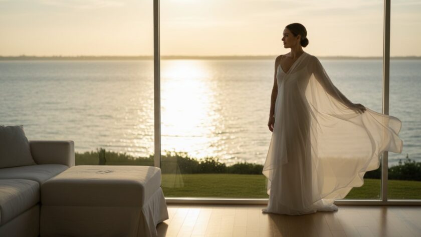 A stunning and emotionally resonant shot capturing a woman's confident and serene gaze during her Tootgarook intimate boudoir photography experience, bathed in soft, natural light filtering through sheer curtains in a coastal-inspired room, showcasing her silhouette against a gentle backdrop of Tootgarook beach at sunset.