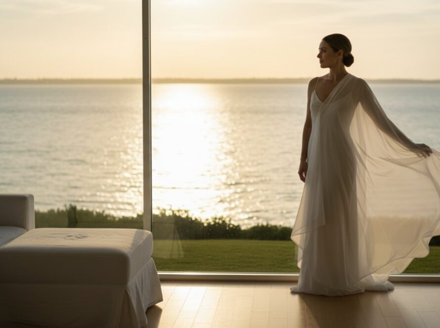 A stunning and emotionally resonant shot capturing a woman's confident and serene gaze during her Tootgarook intimate boudoir photography experience, bathed in soft, natural light filtering through sheer curtains in a coastal-inspired room, showcasing her silhouette against a gentle backdrop of Tootgarook beach at sunset.