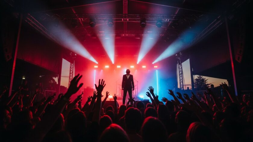 A dynamic wide-angle shot from the stage, capturing a lead guitarist mid-jump with hair flying, bathed in dramatic magenta and blue stage lights at a vibrant Tootgarook live music photography capturing Peninsula vibes event, with an enthusiastic crowd silhouetted in the foreground.