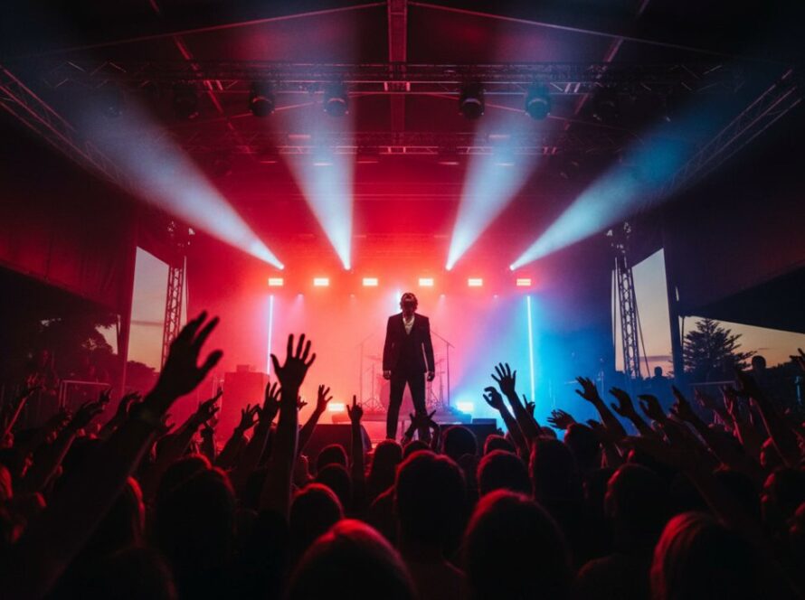 A dynamic wide-angle shot from the stage, capturing a lead guitarist mid-jump with hair flying, bathed in dramatic magenta and blue stage lights at a vibrant Tootgarook live music photography capturing Peninsula vibes event, with an enthusiastic crowd silhouetted in the foreground.