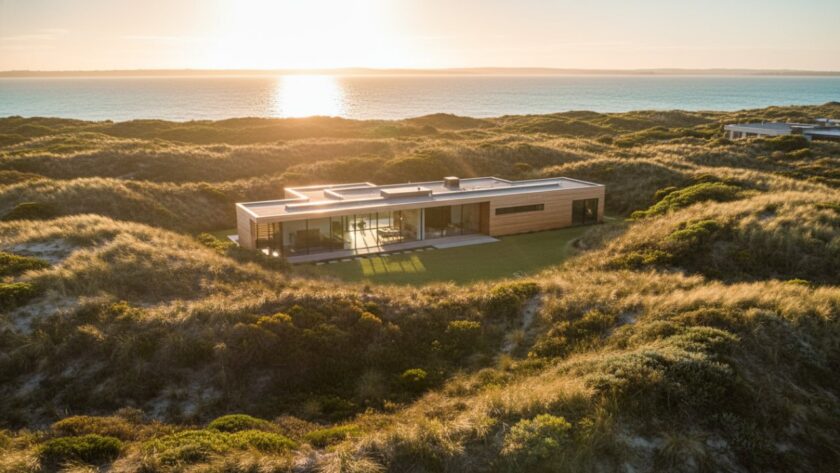 An aerial view capturing the elegant lines of a modern coastal home nestled among native dunes at sunset, showcasing the beauty of Tootgarook modern coastal architecture photography.