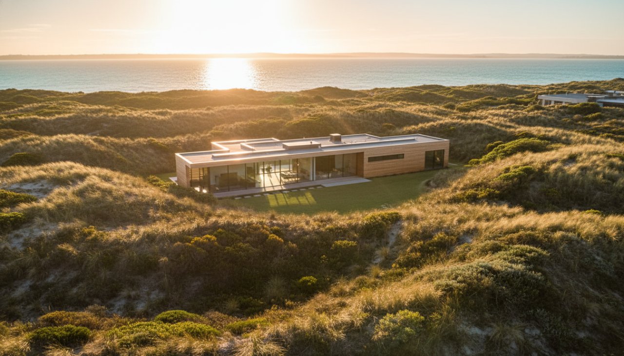 An aerial view capturing the elegant lines of a modern coastal home nestled among native dunes at sunset, showcasing the beauty of Tootgarook modern coastal architecture photography.