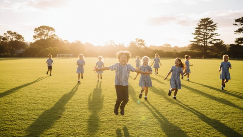 A vibrant, candid moment captured by Tootgarook school photography, showing a group of diverse primary school children laughing joyfully on the lush green oval of a Tootgarook school, bathed in warm afternoon sunlight, embodying the spirit of childhood friendship and play.