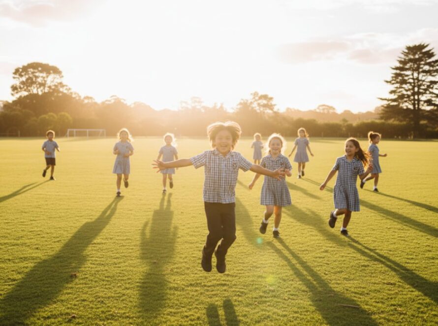 A vibrant, candid moment captured by Tootgarook school photography, showing a group of diverse primary school children laughing joyfully on the lush green oval of a Tootgarook school, bathed in warm afternoon sunlight, embodying the spirit of childhood friendship and play.