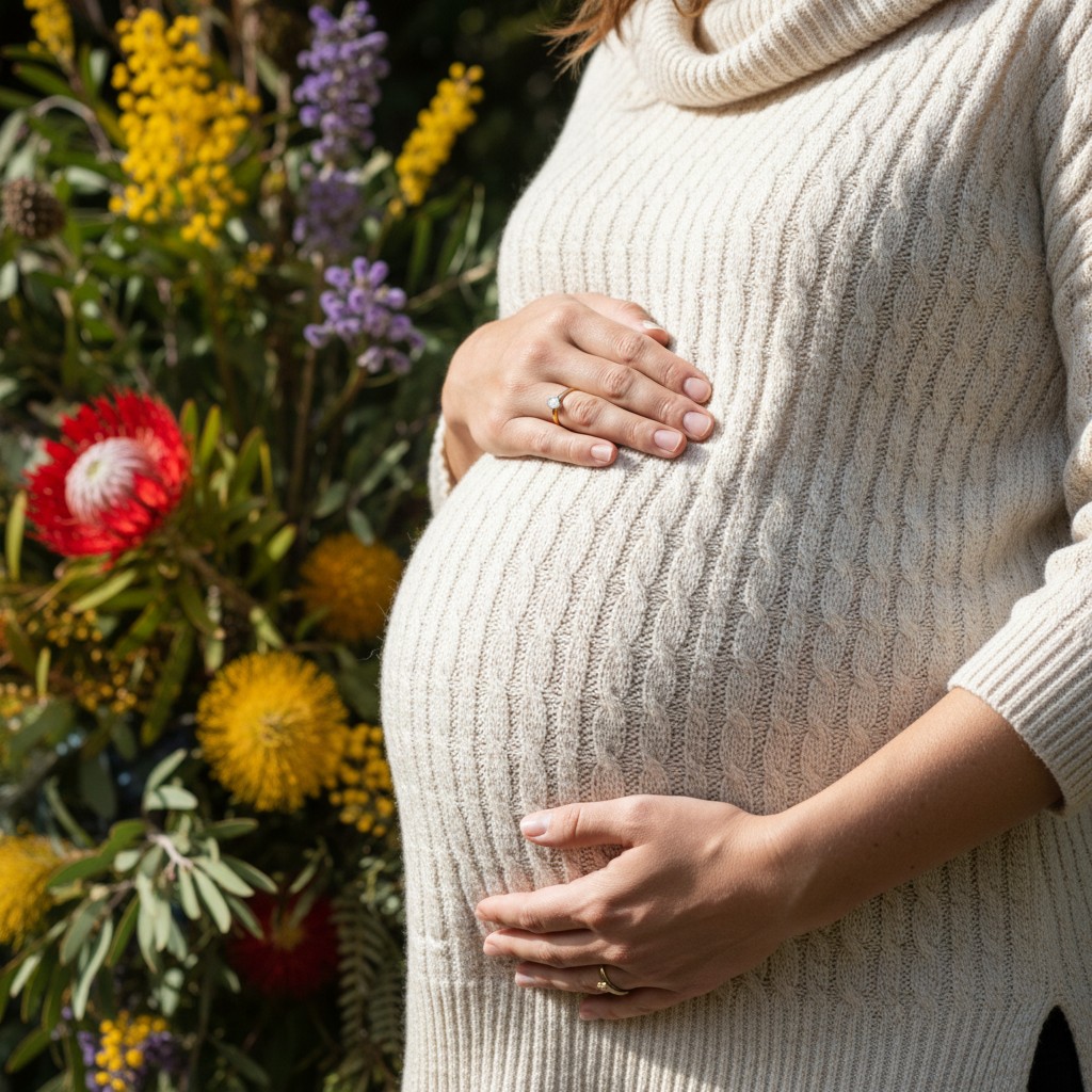 A close-up, natural light photograph of a pregnant woman's baby bump, gently cradled by her hands, wearing a soft, stylish knit maternity top, set against a blurred background of vibrant Australian native flowers and green foliage. The focus is on the belly and hands, evoking tenderness and connection. No text.