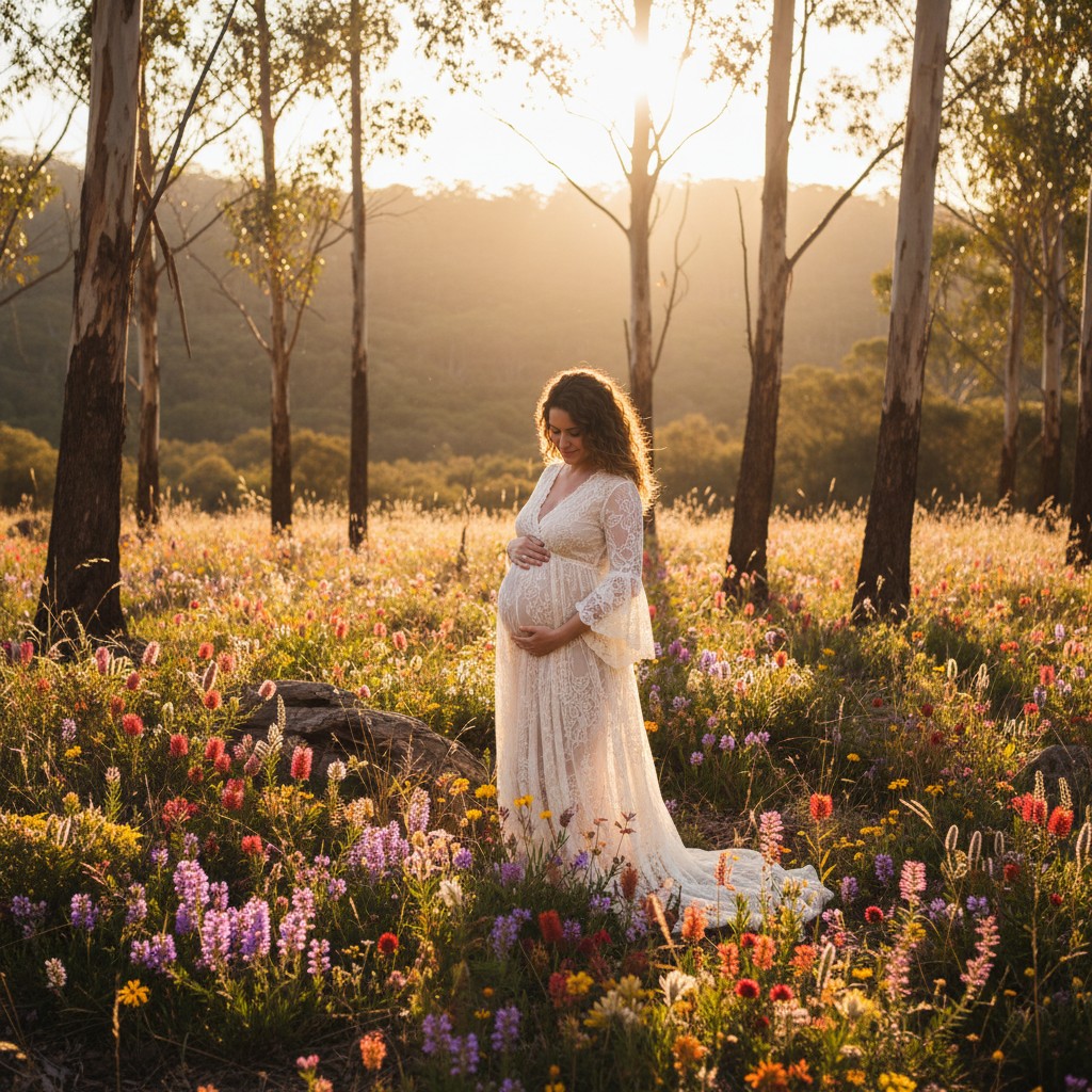 A pregnant woman wearing a bohemian-style maternity dress, gently cradling her belly, surrounded by the vibrant wildflowers and eucalyptus trees of an Australian bushland setting during golden hour. Realistic, high-quality photograph, strong focus on natural light and the Australian landscape.