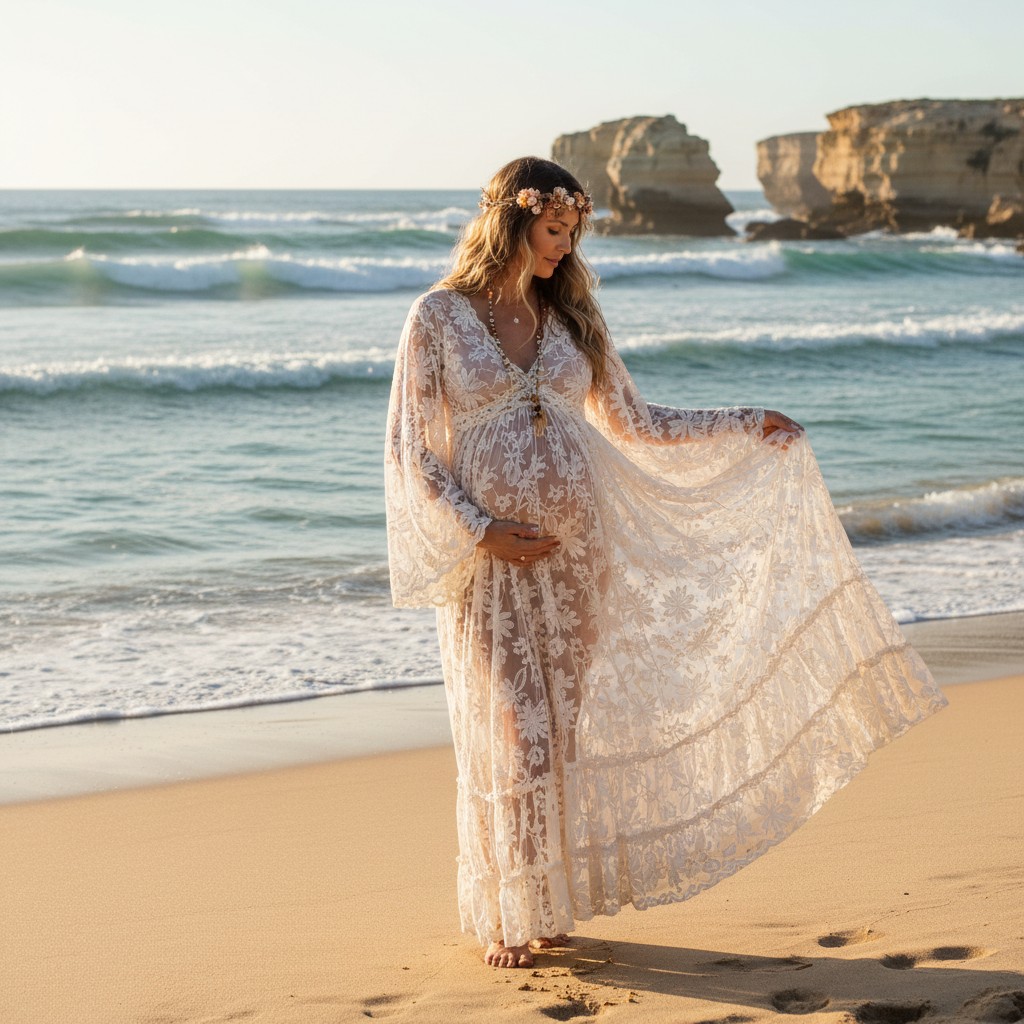 A pregnant woman posing elegantly in a bohemian-style lace maternity dress on a pristine, sun-drenched Australian beach with turquoise water and golden sand, gentle waves in the background, showcasing the flow and texture of the dress. Realistic, high-quality photograph, natural lighting.