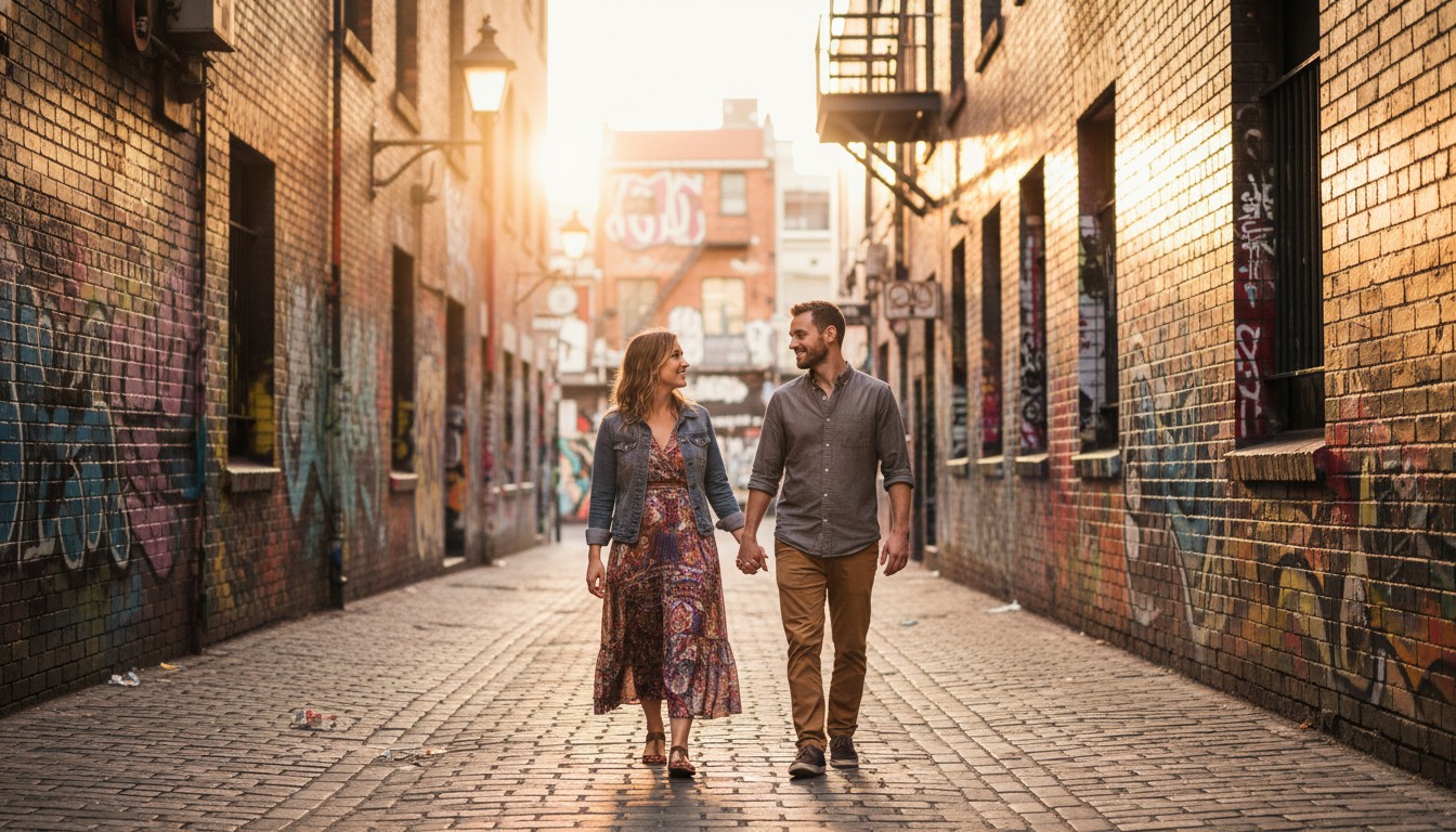A realistic, high-quality photograph of a couple walking hand-in-hand through a vibrant, graffiti-adorned laneway in Melbourne during the late afternoon. The warm, soft golden light illuminates the colorful street art and historic architecture, highlighting the unique urban charm of the city. The focus is on their candid connection and the dynamic, artistic backdrop, with natural colors and a genuine lifestyle feel. No text.