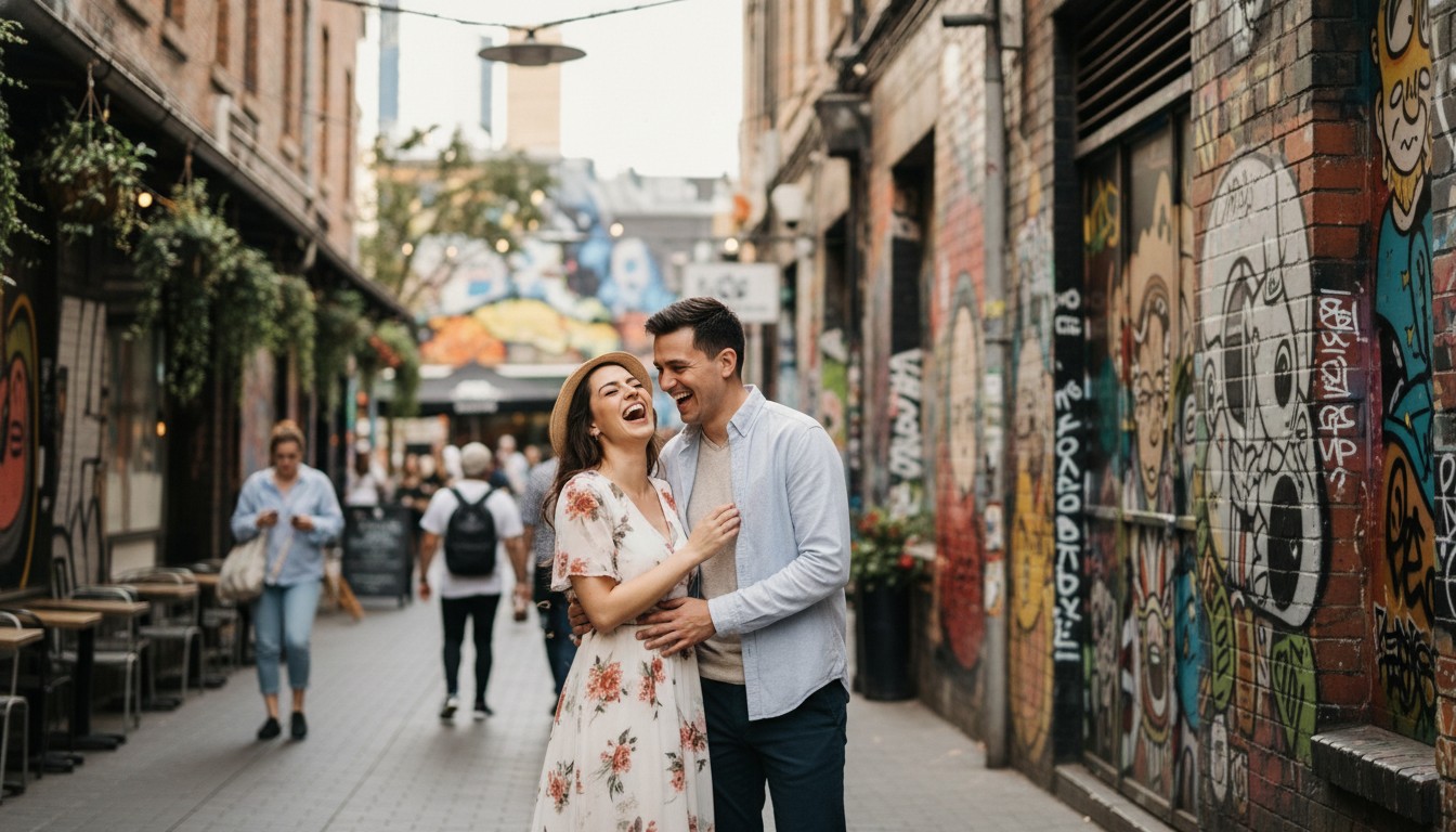 A candid, high-quality photograph of a cheerful couple mid-laugh during their pre-wedding shoot, set against the backdrop of a charming, bustling Melbourne laneway adorned with unique street art, conveying a vibrant and authentic local atmosphere. Focus on natural light and genuine emotion, capturing the essence of a memorable photoshoot experience.