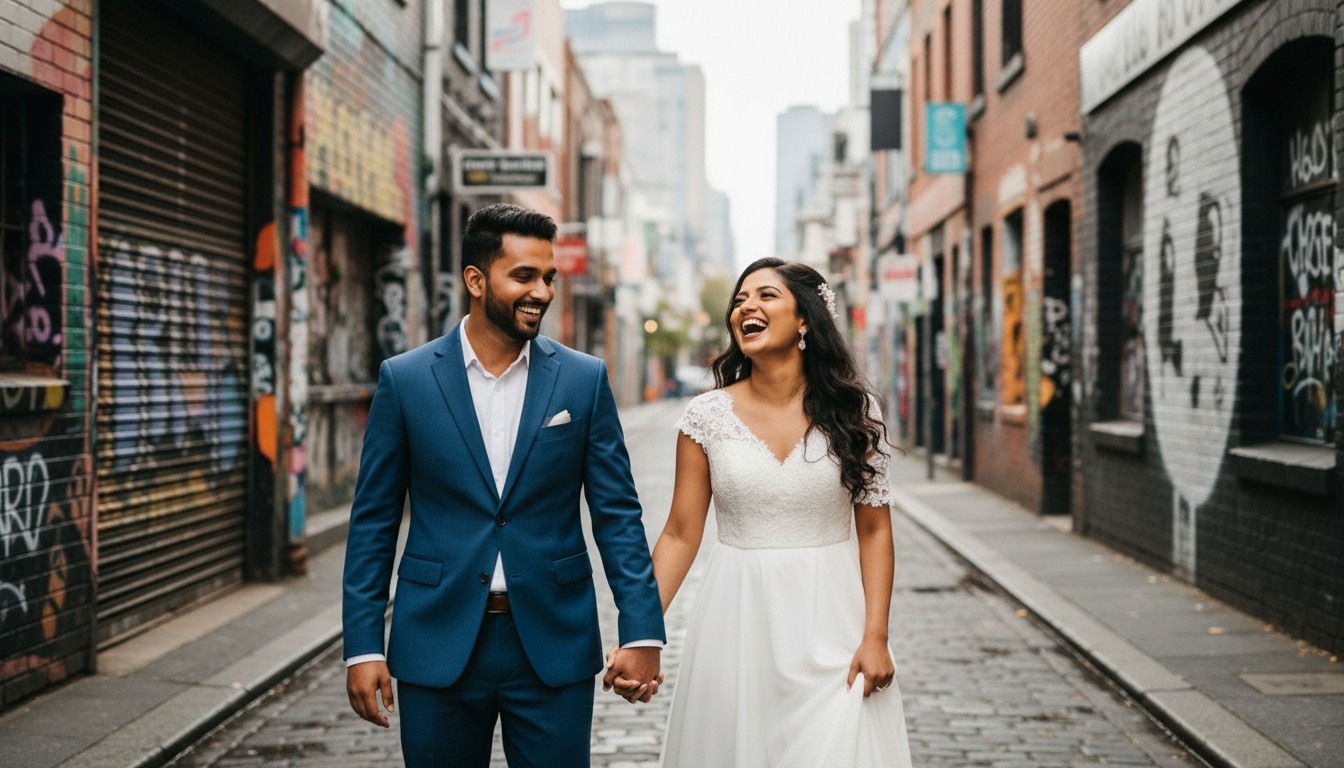 A candid shot of a joyous couple laughing heartily while strolling hand-in-hand down a vibrant, graffiti-adorned Fitzroy laneway, capturing genuine emotion and the unique urban Melbourne aesthetic in a high-end, romantic style, no text.