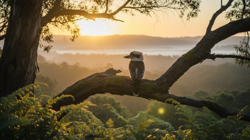 An epic moment captured through Tremont fine art nature photography, showcasing a majestic kookaburra perched on a gum tree branch at sunrise, with mist rolling over the Dandenong Ranges in the background, symbolising the serene beauty of Tremont, Victoria.