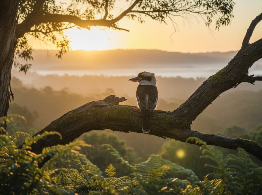 An epic moment captured through Tremont fine art nature photography, showcasing a majestic kookaburra perched on a gum tree branch at sunrise, with mist rolling over the Dandenong Ranges in the background, symbolising the serene beauty of Tremont, Victoria.