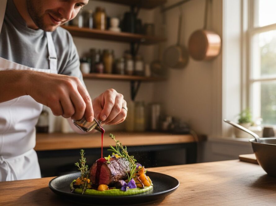 Dynamic overhead shot showcasing the Tremont food photography expertise for local eateries, featuring a perfectly plated gourmet dish under dramatic lighting, with a chef's hand adding a final delicate garnish, capturing an epic moment of culinary perfection in a rustic Tremont cafe.
