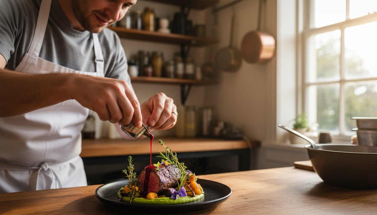 Dynamic overhead shot showcasing the Tremont food photography expertise for local eateries, featuring a perfectly plated gourmet dish under dramatic lighting, with a chef's hand adding a final delicate garnish, capturing an epic moment of culinary perfection in a rustic Tremont cafe.