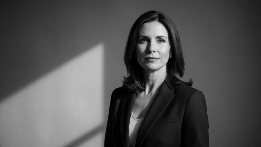 A dramatic, high-contrast black and white photograph showcasing an executive with a confident, visionary expression, captured through Tremont Studio Headshots in a modern, minimalist studio setting, reflecting professionalism and leadership.