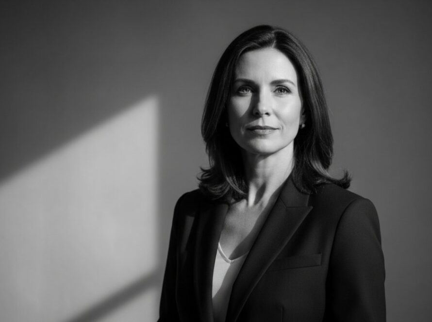 A dramatic, high-contrast black and white photograph showcasing an executive with a confident, visionary expression, captured through Tremont Studio Headshots in a modern, minimalist studio setting, reflecting professionalism and leadership.