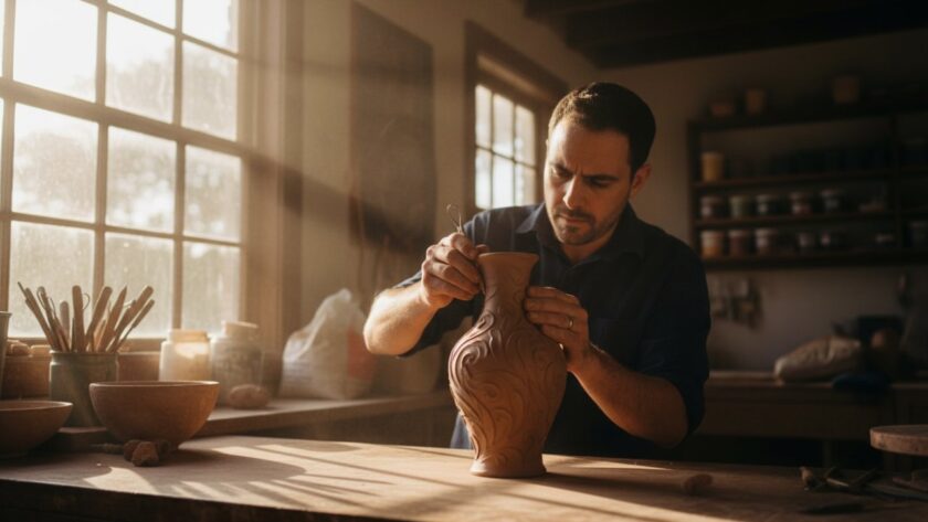 An 'epic moment' photograph showcasing a local artisan meticulously handcrafting bespoke timber furniture in their sunlit Tremont workshop, embodying the essence of quality and dedication for Tremont Victoria business branding photography.