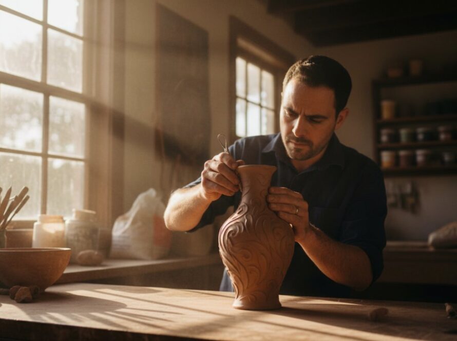 An 'epic moment' photograph showcasing a local artisan meticulously handcrafting bespoke timber furniture in their sunlit Tremont workshop, embodying the essence of quality and dedication for Tremont Victoria business branding photography.
