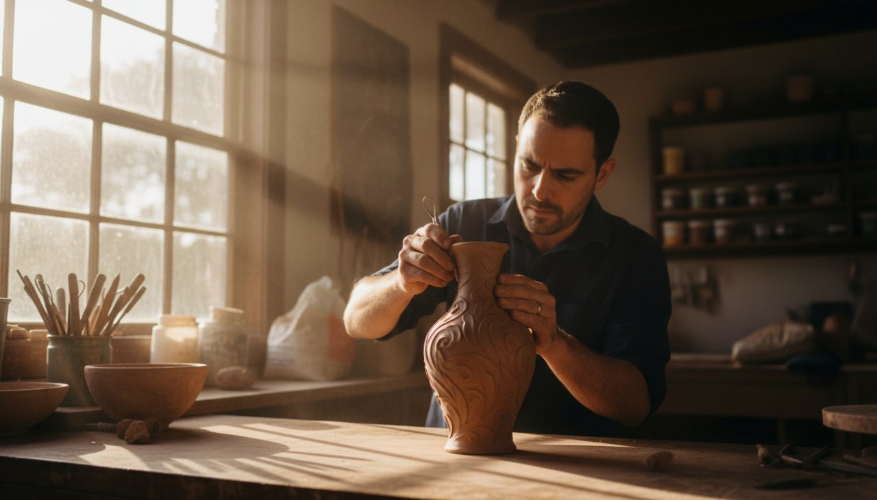 An 'epic moment' photograph showcasing a local artisan meticulously handcrafting bespoke timber furniture in their sunlit Tremont workshop, embodying the essence of quality and dedication for Tremont Victoria business branding photography.