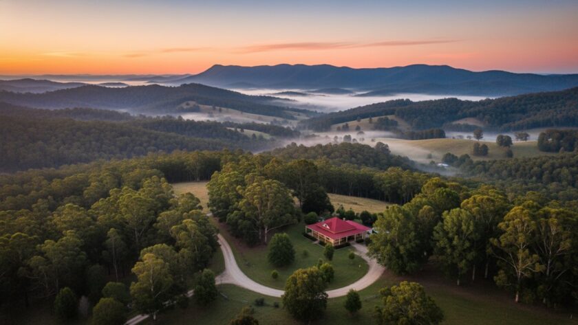 An epic drone photograph capturing the expansive Tremont Victoria drone photography panoramic views of rolling hills, dense eucalyptus forests, and a distant golden sunset over the Dandenong Ranges, showcasing the dramatic natural beauty of the region.