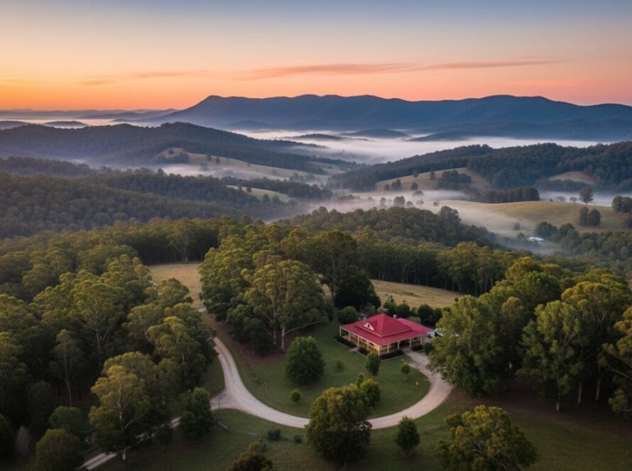 An epic drone photograph capturing the expansive Tremont Victoria drone photography panoramic views of rolling hills, dense eucalyptus forests, and a distant golden sunset over the Dandenong Ranges, showcasing the dramatic natural beauty of the region.