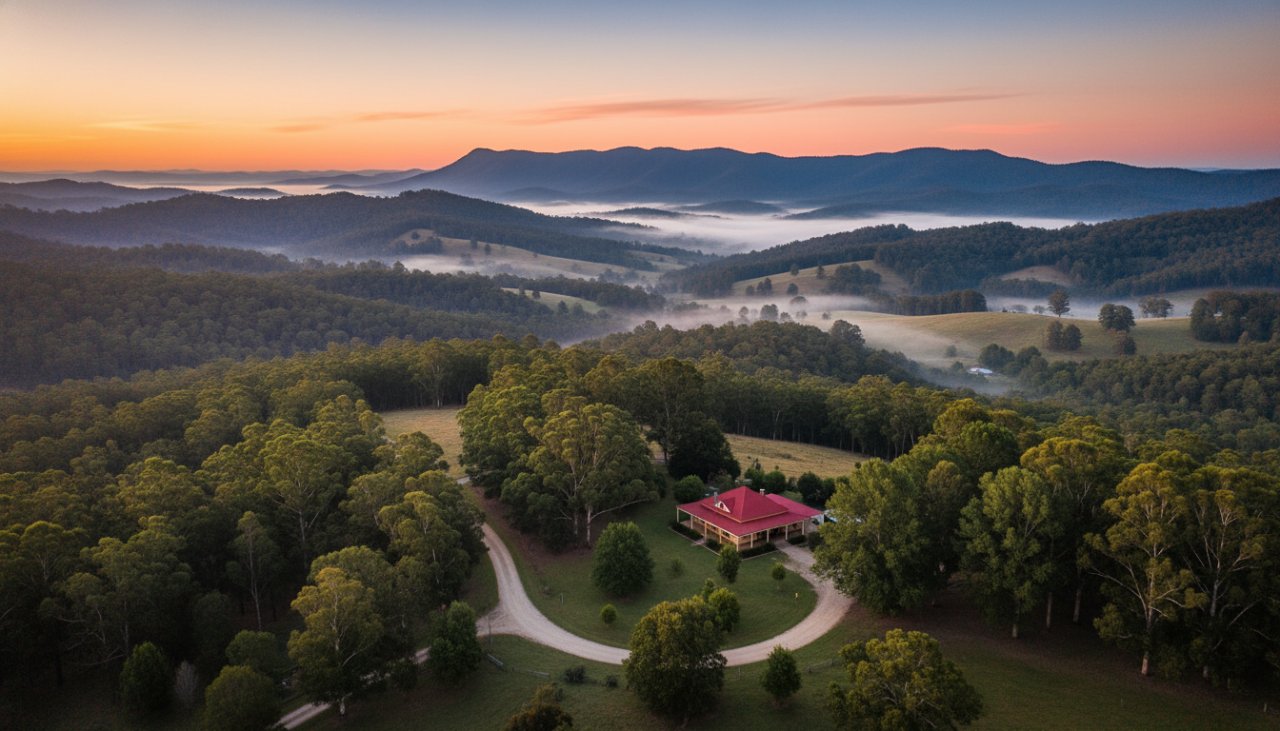 An epic drone photograph capturing the expansive Tremont Victoria drone photography panoramic views of rolling hills, dense eucalyptus forests, and a distant golden sunset over the Dandenong Ranges, showcasing the dramatic natural beauty of the region.
