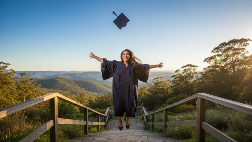 An epic moment of a joyful graduate in full academic regalia, cap thrown high against the stunning backdrop of the Dandenong Ranges near Tremont, Victoria, celebrating their Tremont Victoria graduation photo packages success with a radiant smile.