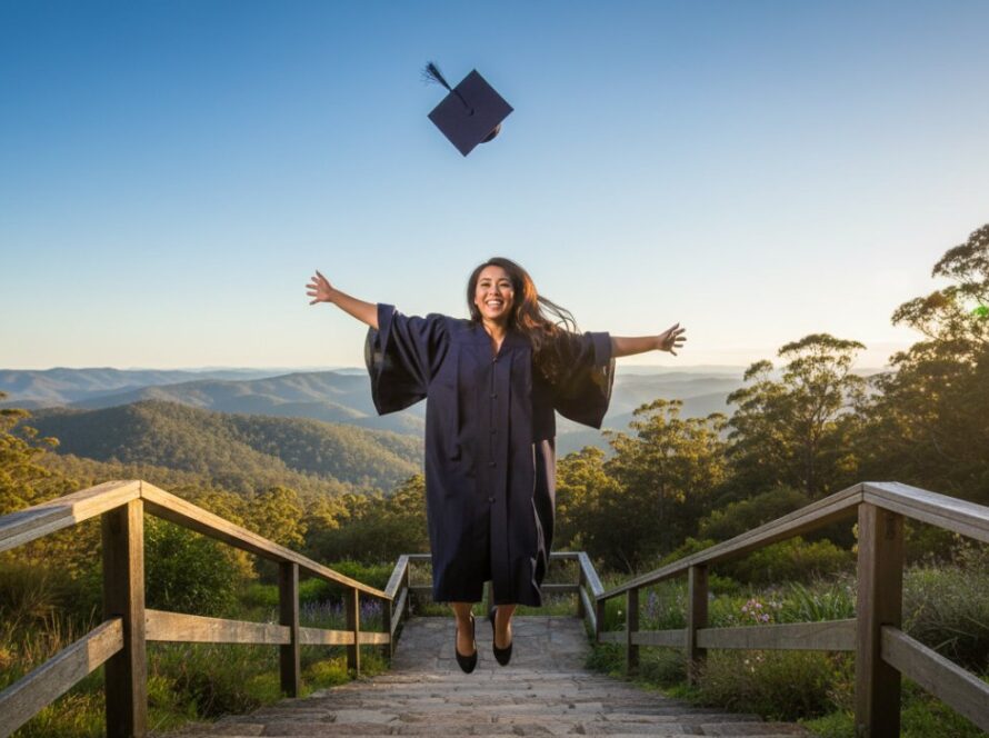 An epic moment of a joyful graduate in full academic regalia, cap thrown high against the stunning backdrop of the Dandenong Ranges near Tremont, Victoria, celebrating their Tremont Victoria graduation photo packages success with a radiant smile.